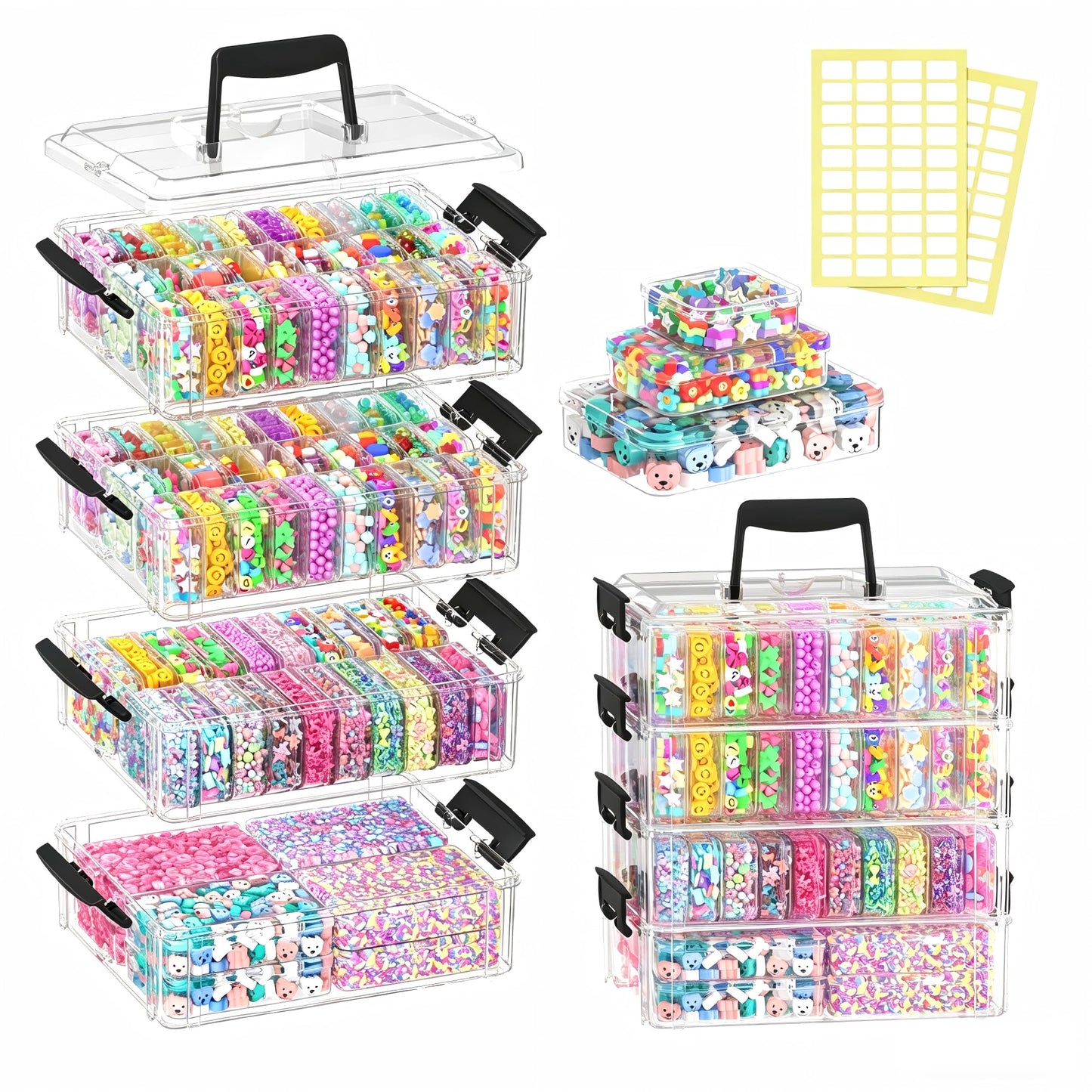 VANSUNS Stackable Bead Storage Organizer, 88 Small Plastic Containers with Lids, 4-Layer Clear Bead Organizer Box, 3 Sizes, Portable, for Jewelry and Crafts