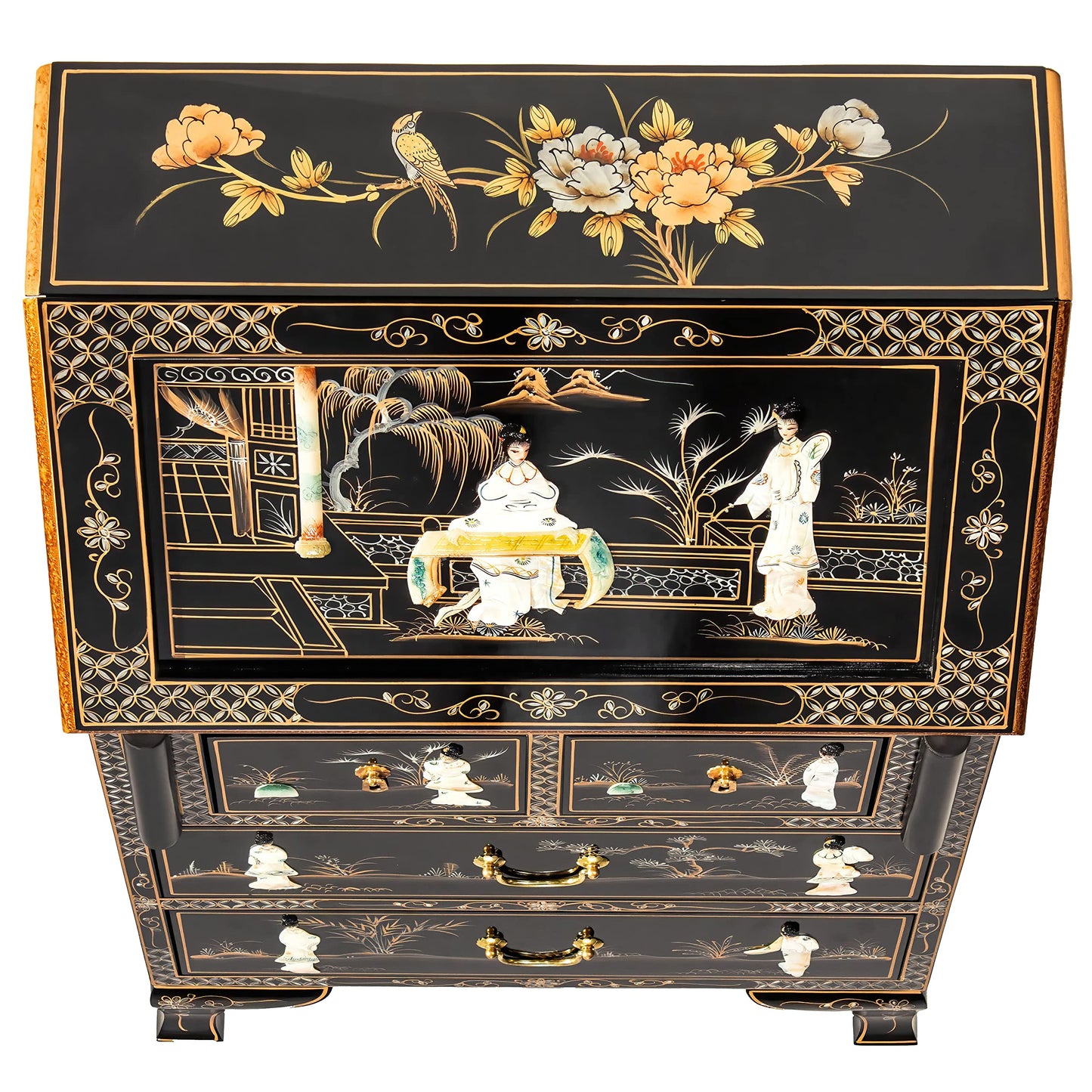 Red Lantern Hand Crafted Artisanal Black Lacquer Secretary Desk - Royal Ladies