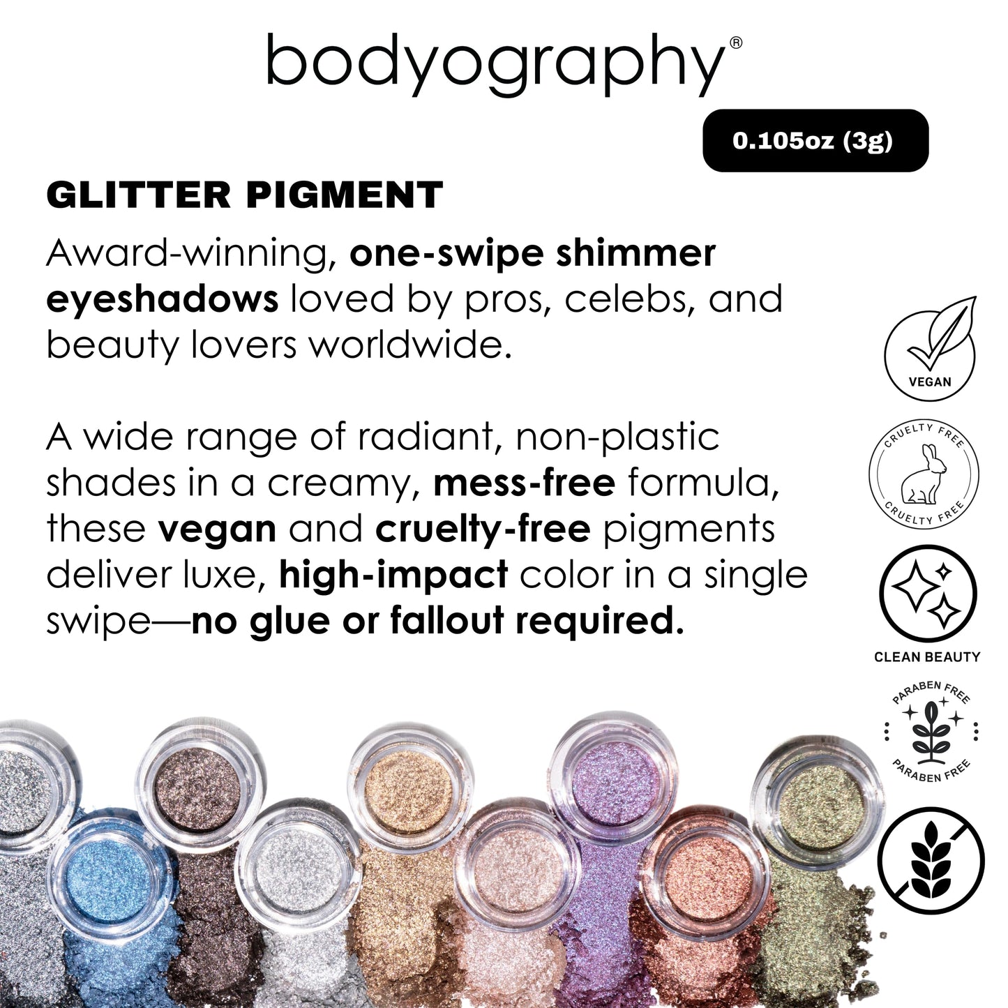Bodyography Glitter Pigment Eye Shadow | Long Wear Shimmer Eyeshadow | Vegan, Talc & Paraben Free | Cream Powder Formula | Stratus (Champagne/Pink) 1.5 g