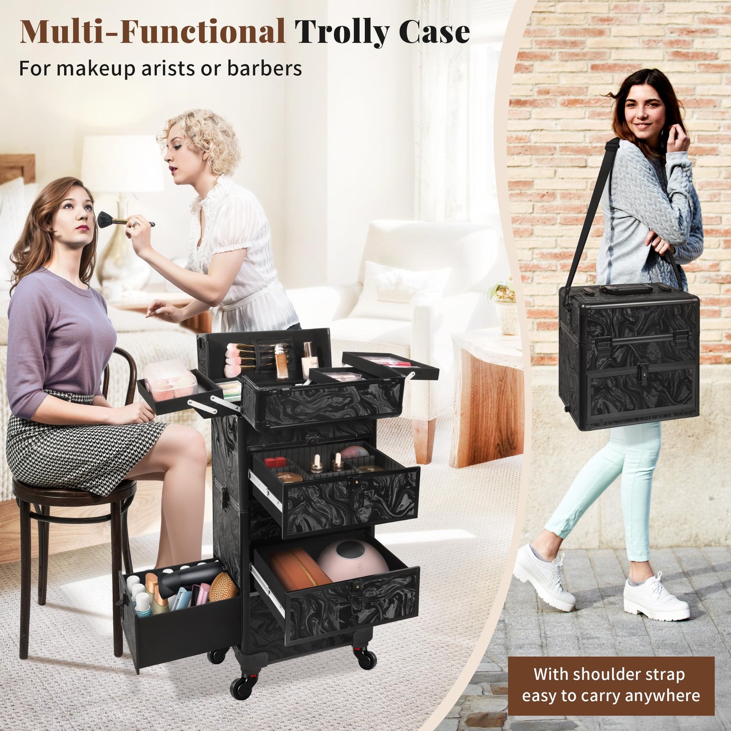 AROUS Rolling Makeup Case with 3 Drawers, Cosmetology Case on Wheels 5 IN 1 Makeup Train Case Make Up Organizer for Artist Salon Nail Teach Trunk,Ink