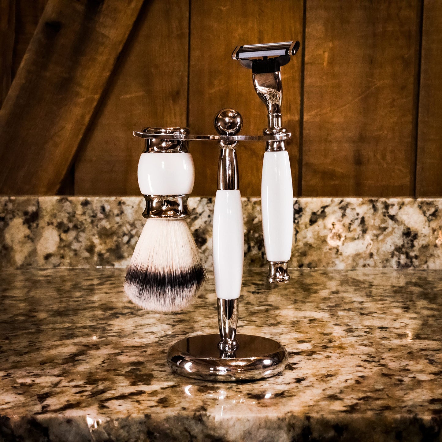 Union Razors SS2 Three Piece Shave Kit with Razor, Shaving Brush and Stand - White