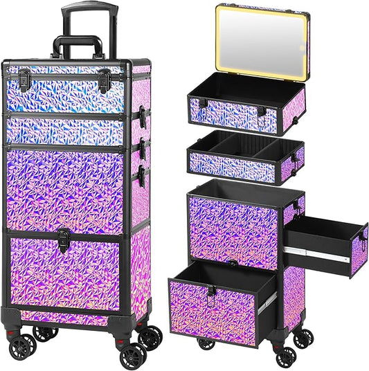 Rolling Makeup Case with Lighted Mirror, Makeup Train Case with Large Drawer, Cosmetology Case, Travel Makeup Organizers, Professional for Salon Barber, Nail, Tattoo, Multicolor Purple