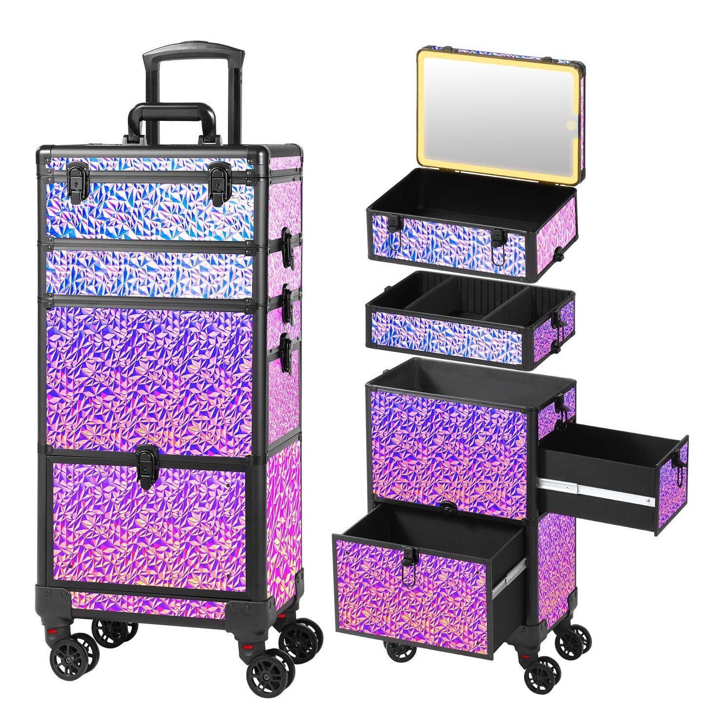 GALHUBIS Rolling Makeup Case with Lighted Mirror, Makeup Train Case with Large Drawer, Cosmetology Case, Travel Makeup Organizers, Professional for Salon Barber, Nail, Tattoo, Multicolor Purple