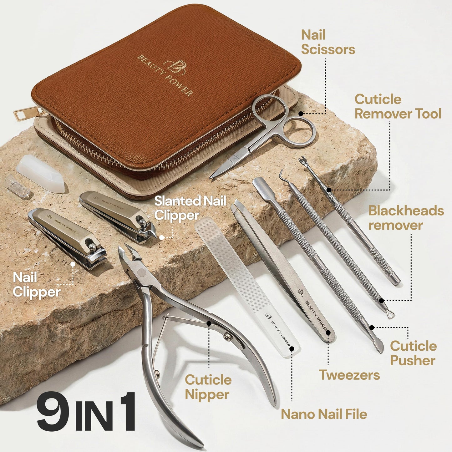 Beauty Power 9 in 1 Professional Manicure Pedicure Set - Stainless Steel Nail Clippers, Nano File, Cuticle Nipper, Scissors, Tweezers, Travel PU Leather Case for Men & Women - Father's Day - Brown
