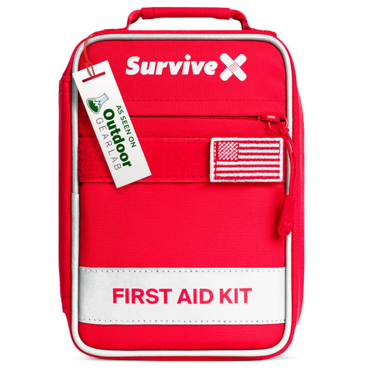 SurviveX Small First Aid Kit for Car, Travel & Home - Emergency Kit for Hiking, Camping, Backpacking and Outdoors - Includes Zip Stitch Wound Closure Strips