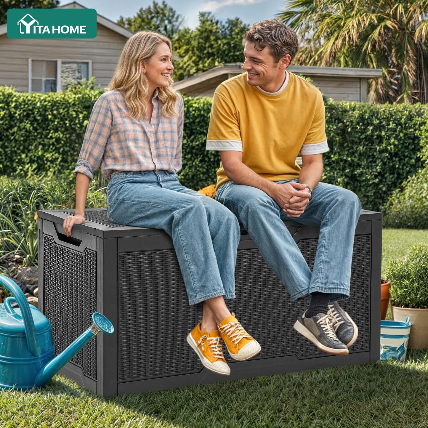 YITAHOME 100 Gallon Outdoor Storage Box, Large Water Resistant Resin Deck Box, Indoor Outdoor Lockable Storage Container for Patio, Garden, Cushions, Tools, Equipment (Black)