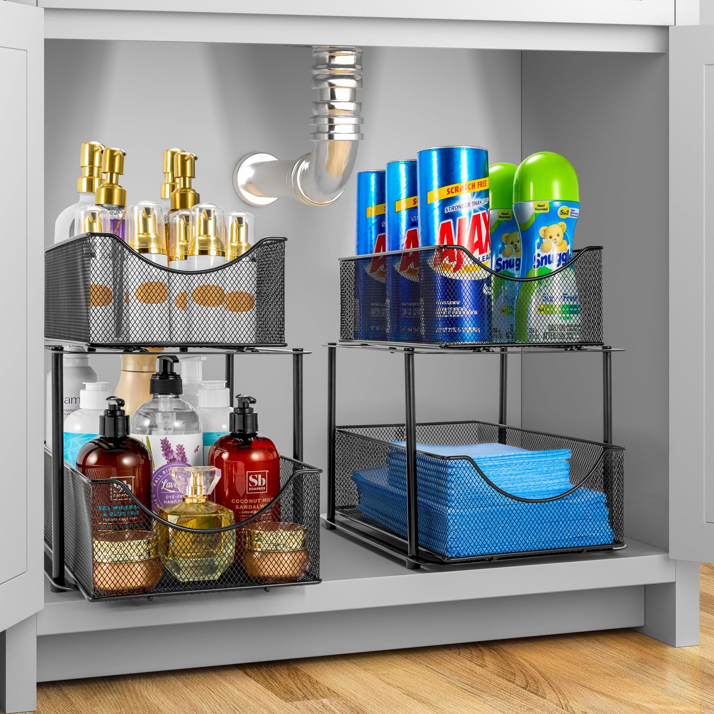 Sorbus 2 Tier Metal Under Sink Organizer for Bathroom, Kitchen, Strong Steel Mesh Sliding Drawers for Under Sink, Under Cabinet, Closet, Kitchen, Pantry, Bathroom Organizers and Storage (Black)