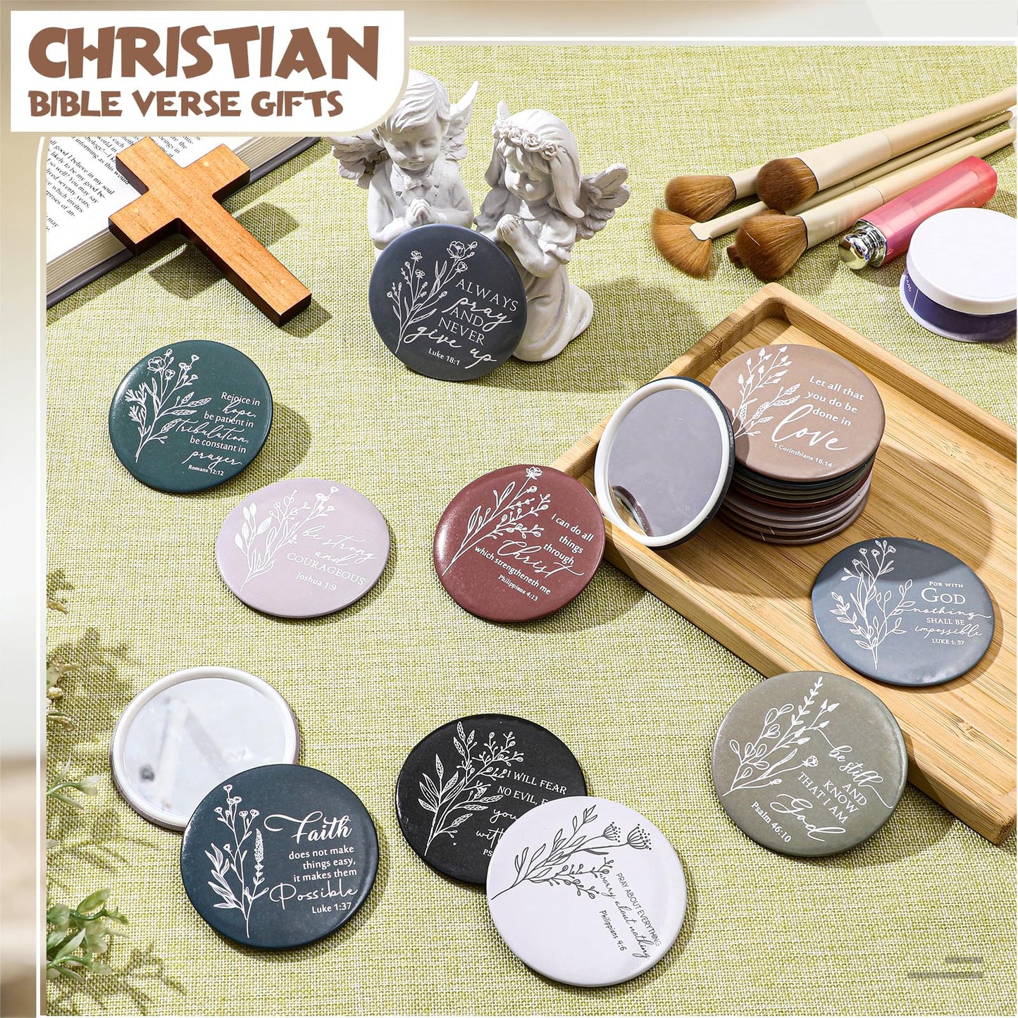 GlikCeil 40 Pcs Christian Compact Mirror Bulk for Women Inspirational Bible Verse Pocket Mirrors Mini Purse Makeup Mirror Christian Church Gift for Women VBS Church Party Favors