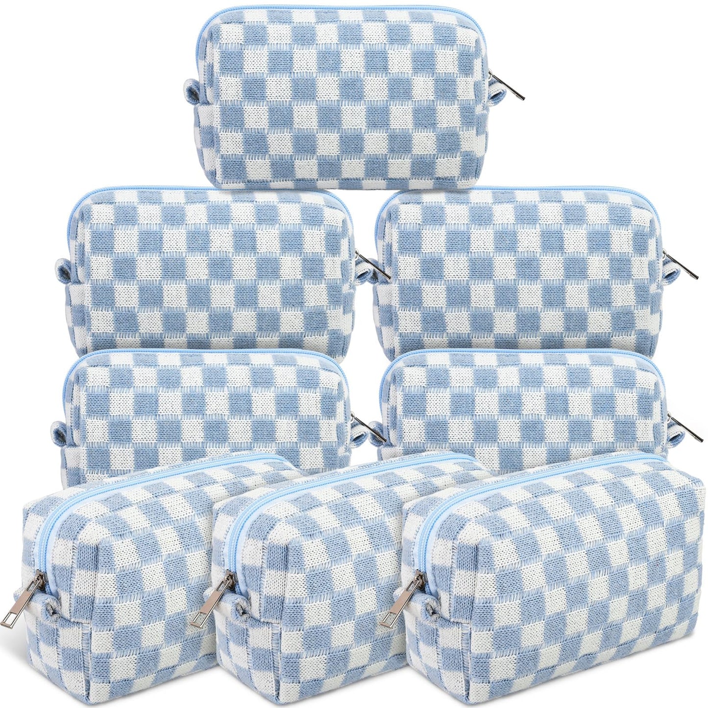 Gilprop 8 Pcs Checkered Makeup Bag for Purse Small Cosmetic Pouch Bulk Portable Zipper Makeup Pouch Travel Toiletry Organizer Gifts for Women Bridesmaid Wedding Party Favors (Blue)