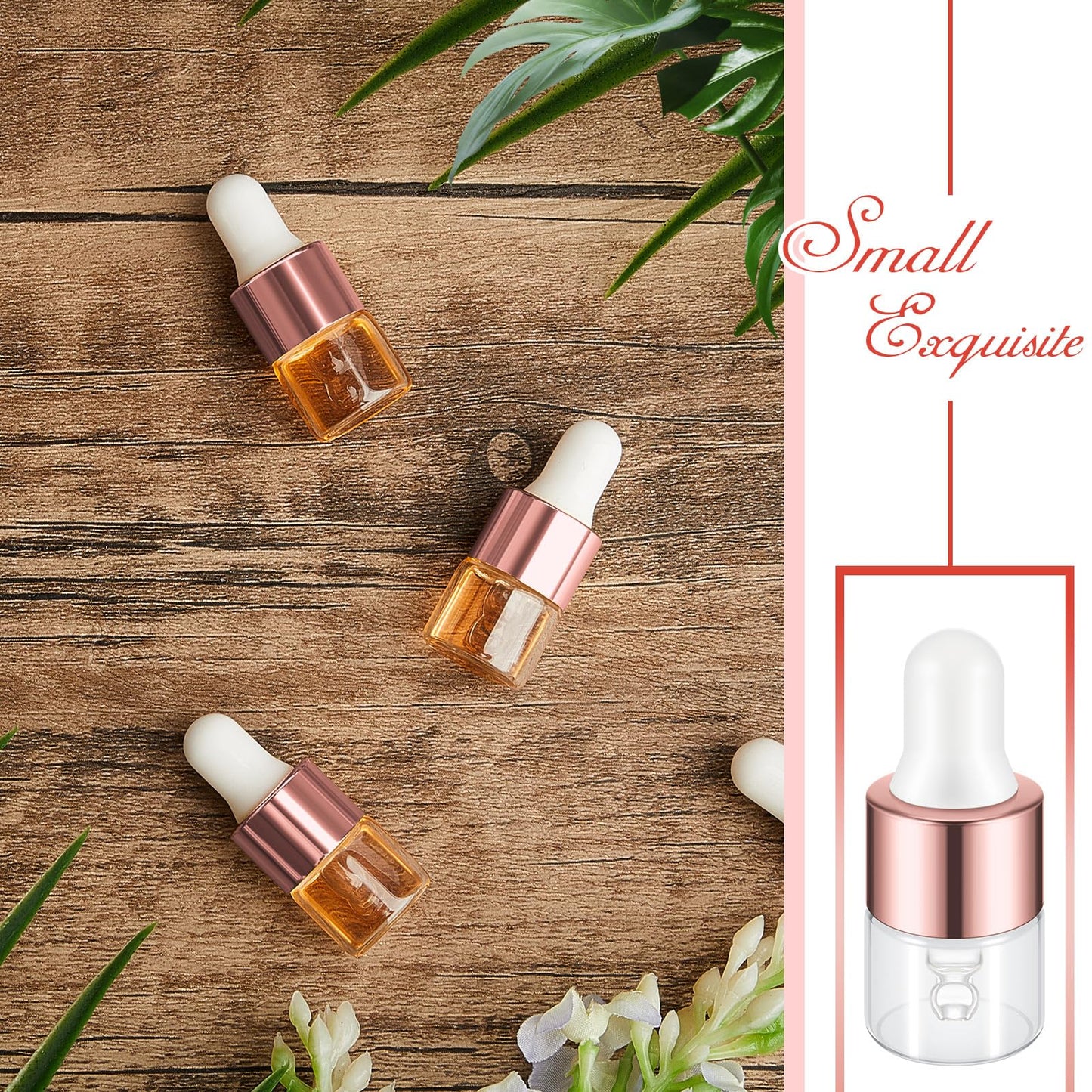 Didaey 100 Pcs 1 ml Mini Glass Oil Dropper Bottle Bulk, Clear Essential Small Empty Bottles Sample Containers Perfume Liquid Vials with Cap for Traveling (Rose Gold)