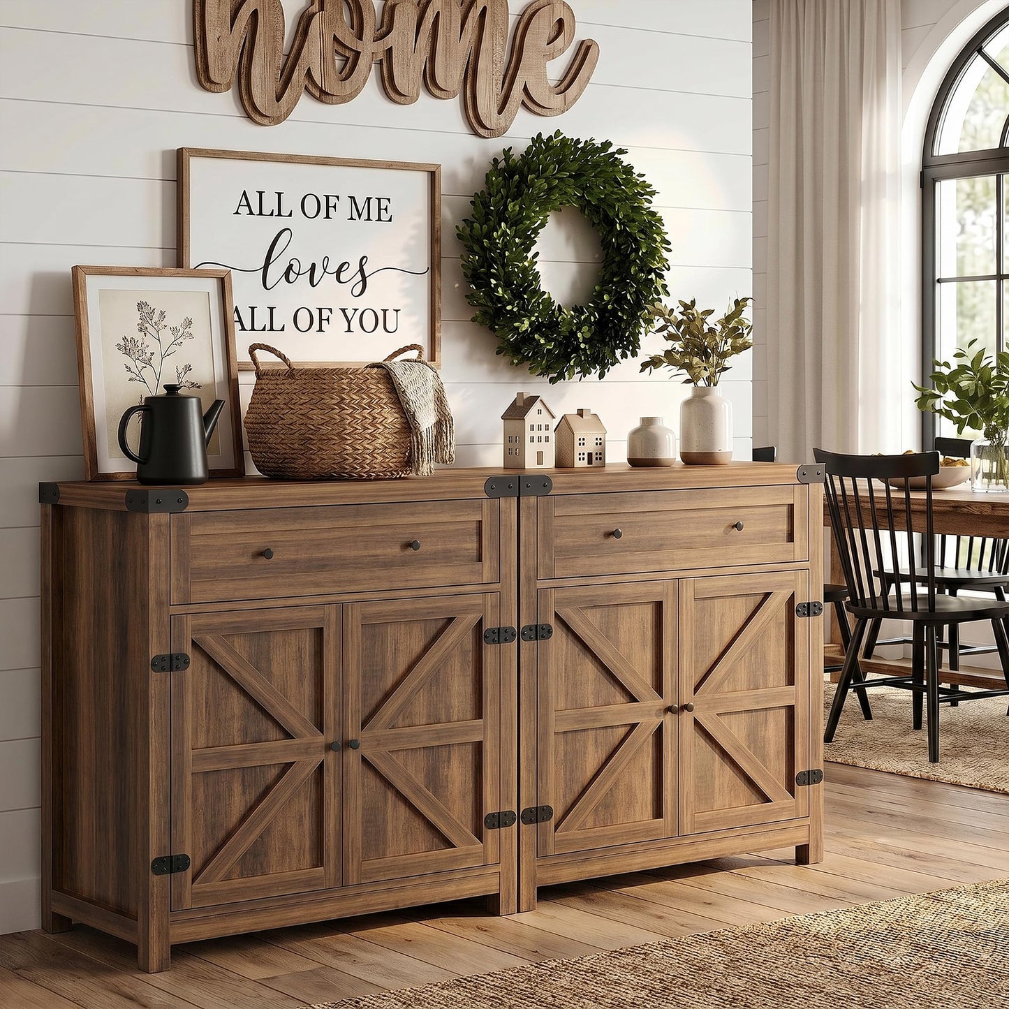 YESHOMY Kitchen Storage Cabinet, Coffee Bar Cabinet, Farmhouse Sideboard Buffet with Storage, Barn Door Accent Cabinet with a Drawer and Adjustable Shelf for Dining Room, Entryway, Rustic Brown, 2 PCS