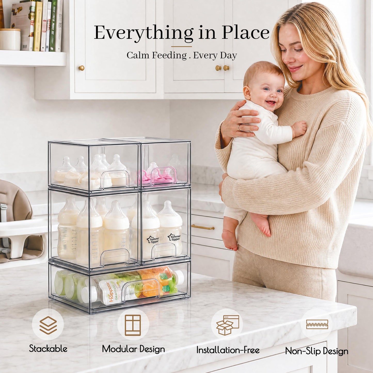 TIPGO Bottle Storage Organizer Baby - Acrylic Bottles Station Organizer Container, Stackable Clear Drawers for Makeup Countertop, Vanity, Bathroom and Cabinet