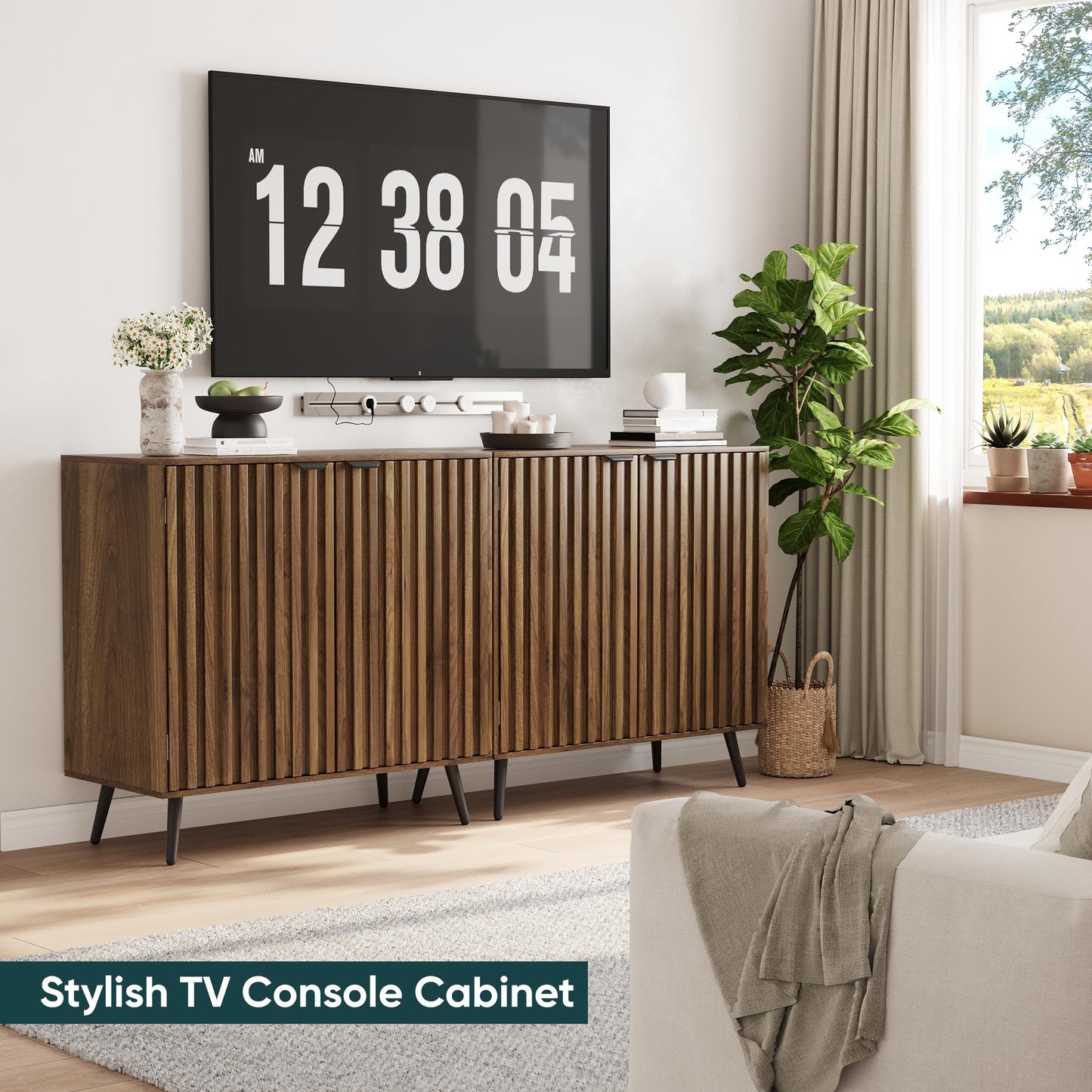 Semiocthome Walnut Buffet Cabinet with Storage, Sideboard Cabinet with Fluted Doors and Metal Legs, Storage Cabinet with Adjustable Shelf, Accent Table for Living Room, Dining Room, Kitchen, Entryway