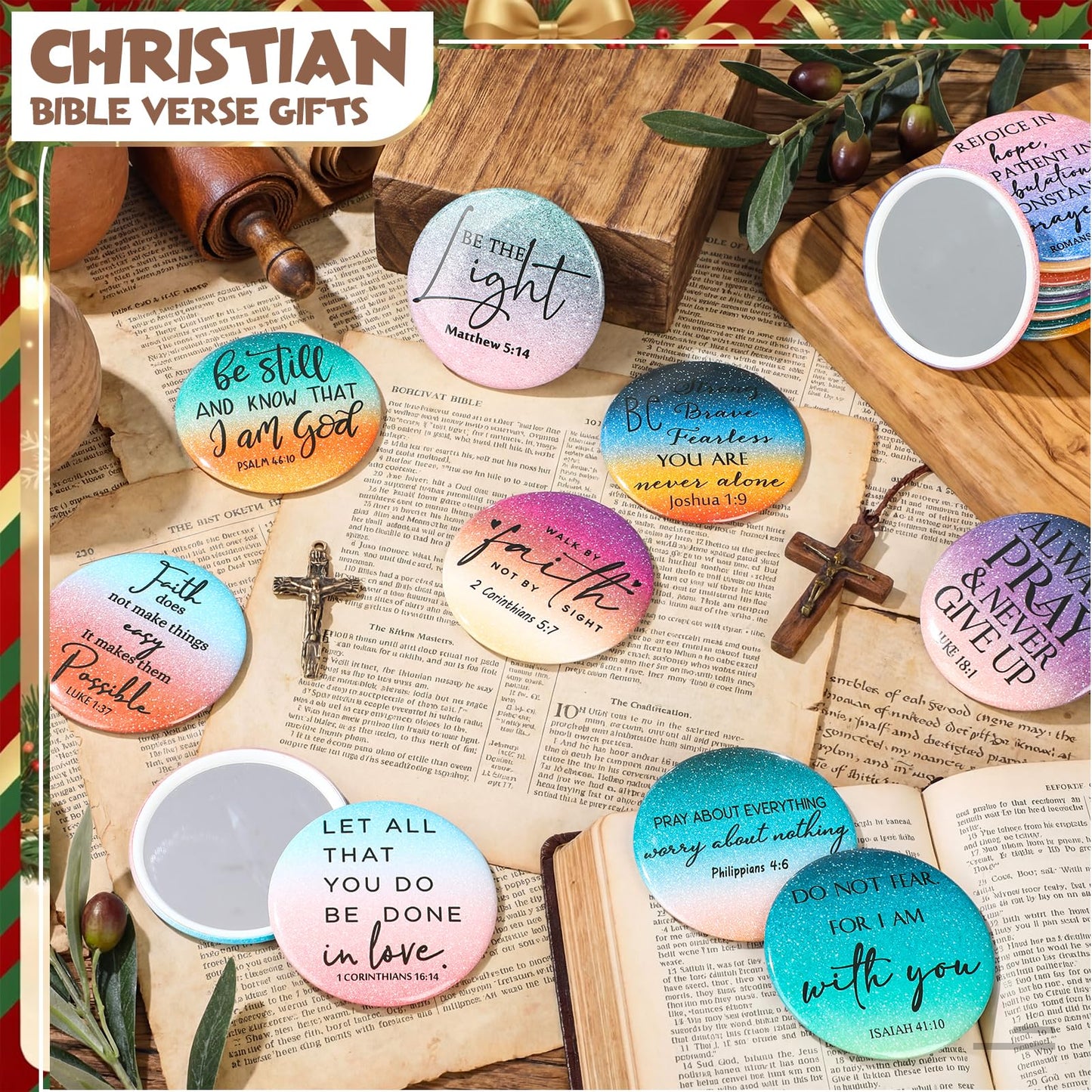 GlikCeil 40 Pcs Christian Compact Mirror Bulk for Women Inspirational Bible Verse Pocket Mirrors Mini Purse Makeup Mirror Christian Church Gift for Women VBS Church Party Favors