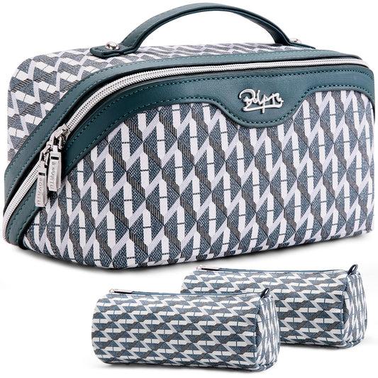 BOYATU Travel Makeup Bags for Women: Large Capacity Cosmetic Bag Set of 3 - Vegan Leather Make up Bags with Compartments - Wide Open Waterproof Toiletry Organizer Bag with Handle (P-01-Royal blue)