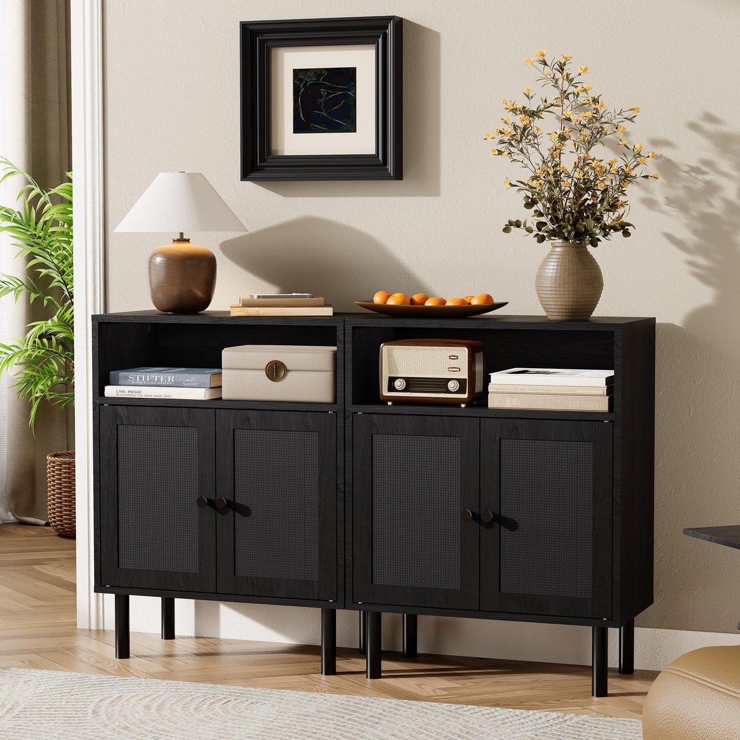 DongRong Rattan Storage Cabinet, Boho Accent Cabinet with Double Doors, Small Freestanding Sideboard for Hallway, Laundry Room,Kitchen, Dining Room, Entryway (Black)