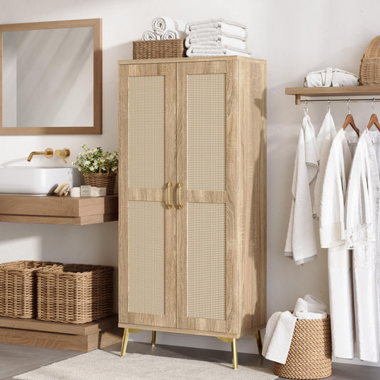 JASIWAY Tall Bathroom Storage Cabinet 57" Rattan Pantry Cabinet, Wood