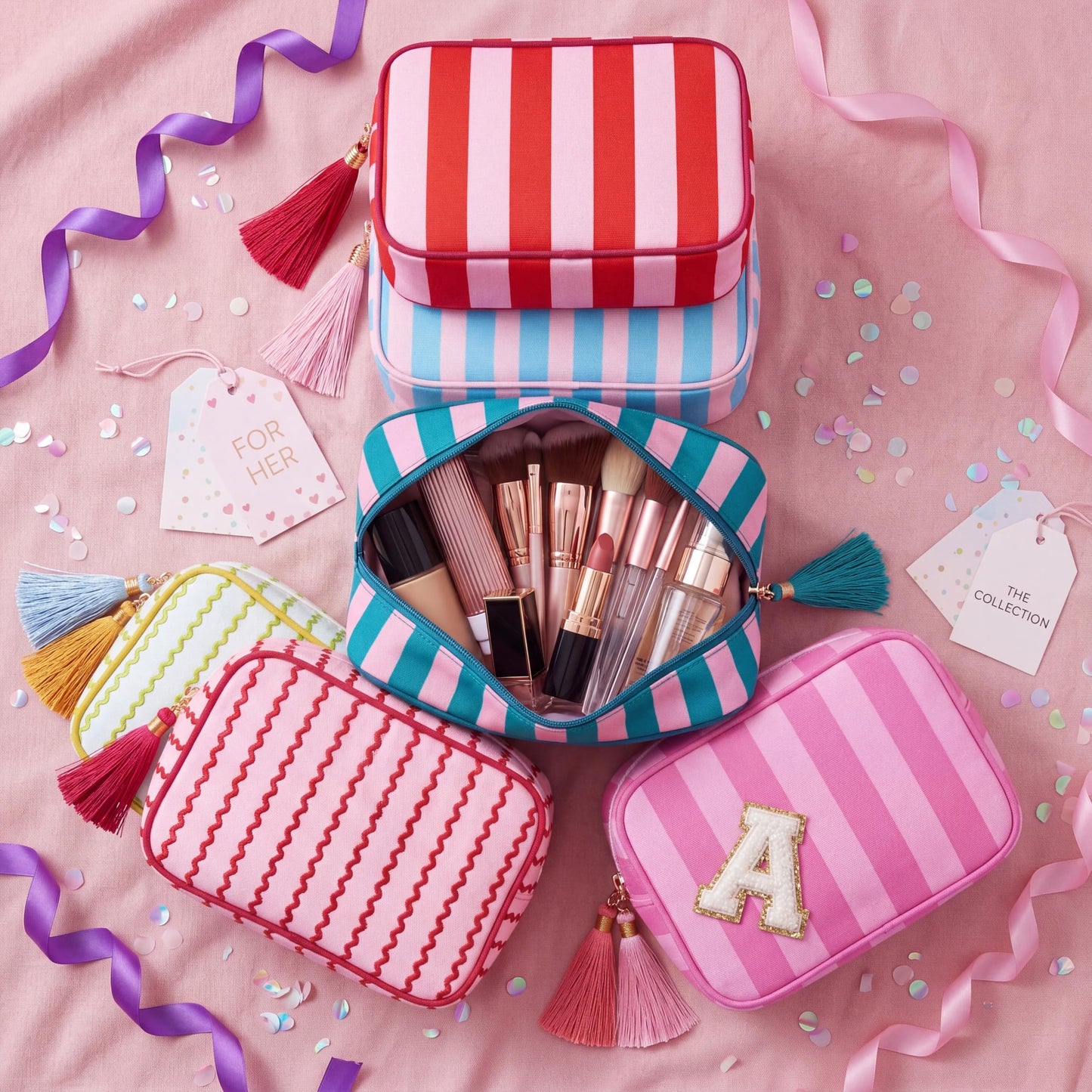 Kacctyen 6 Pack Mixed Color Striped Makeup Bag bulk with Tassel Travel Cosmetic Pouch Organizer Large Zipper Toiletry Case for Women Aesthetic Storage Pouch Mahjong Tile Bag