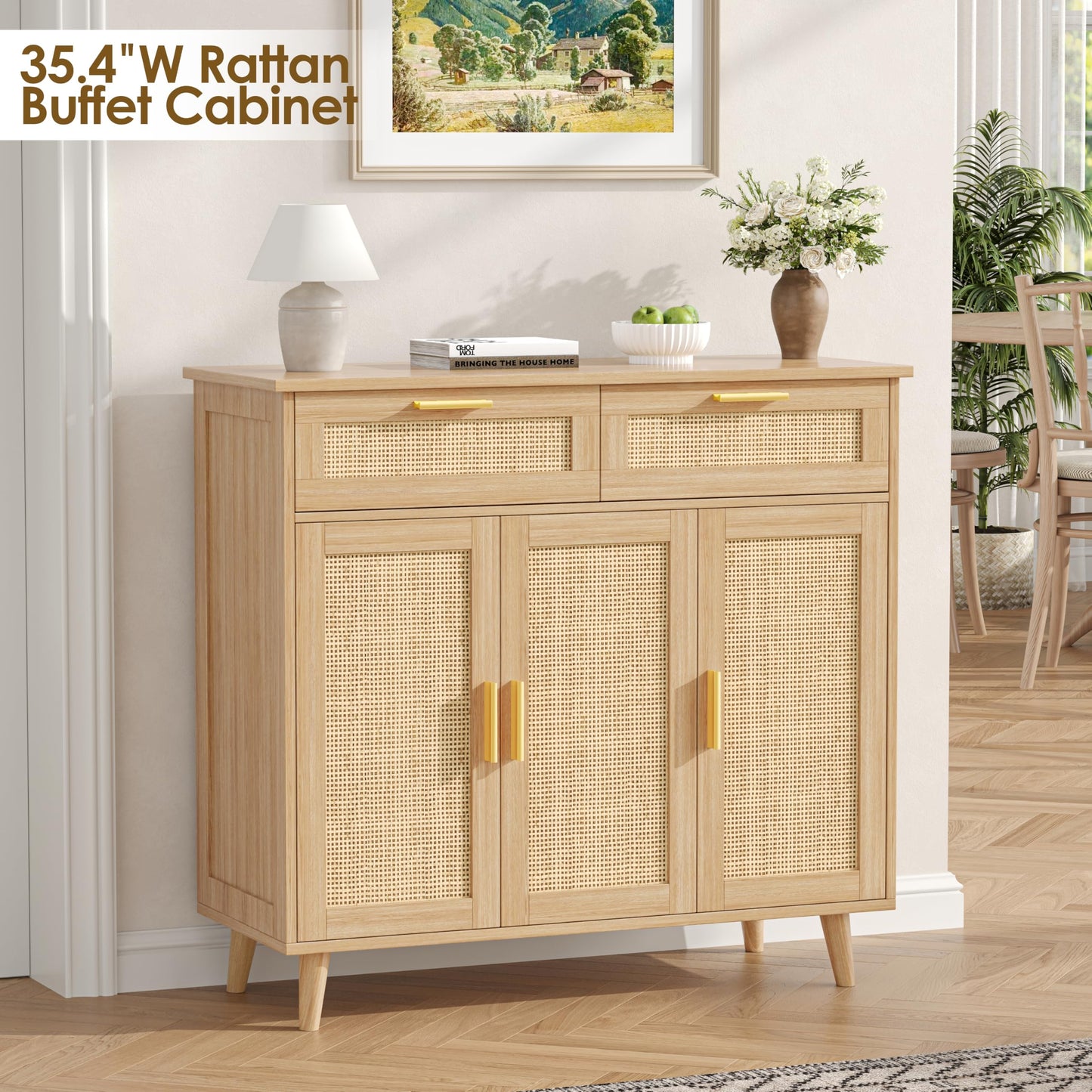 Akxomel Rattan Sideboard Buffet Cabinet with Storage, 35.4" W Buffet Cabinet with 2 Drawers and 3 Doors, Sideboard Storage Cabinet with Adjustable Shelves for Kitchen, Living Room, Natural Oak