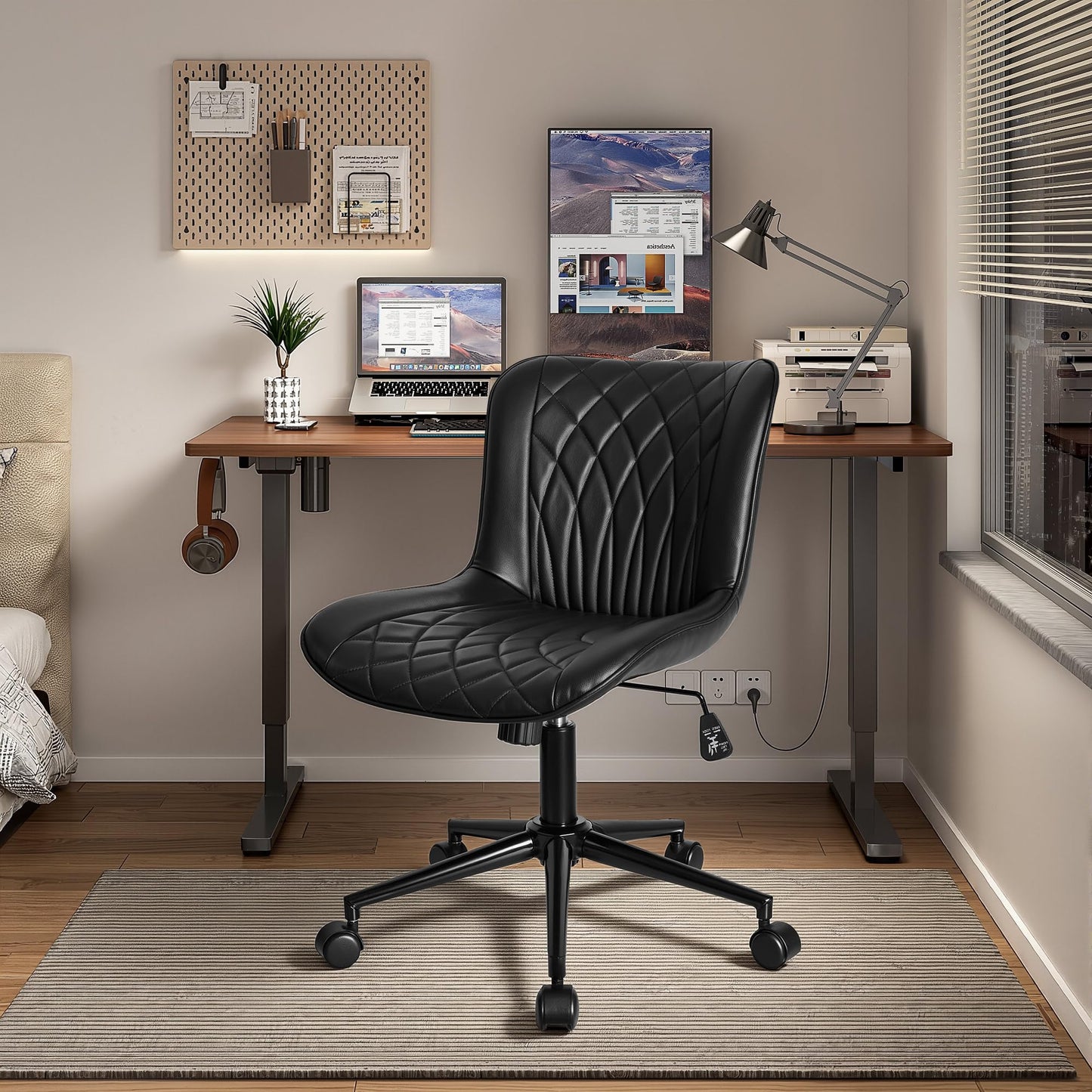 VECELO Mid-Back Desk Chair with Adjustable Height, PU Leather Makeup Vanity Chair with Wheels, Armless Space-Saving Task Chair, for Home Office, Black