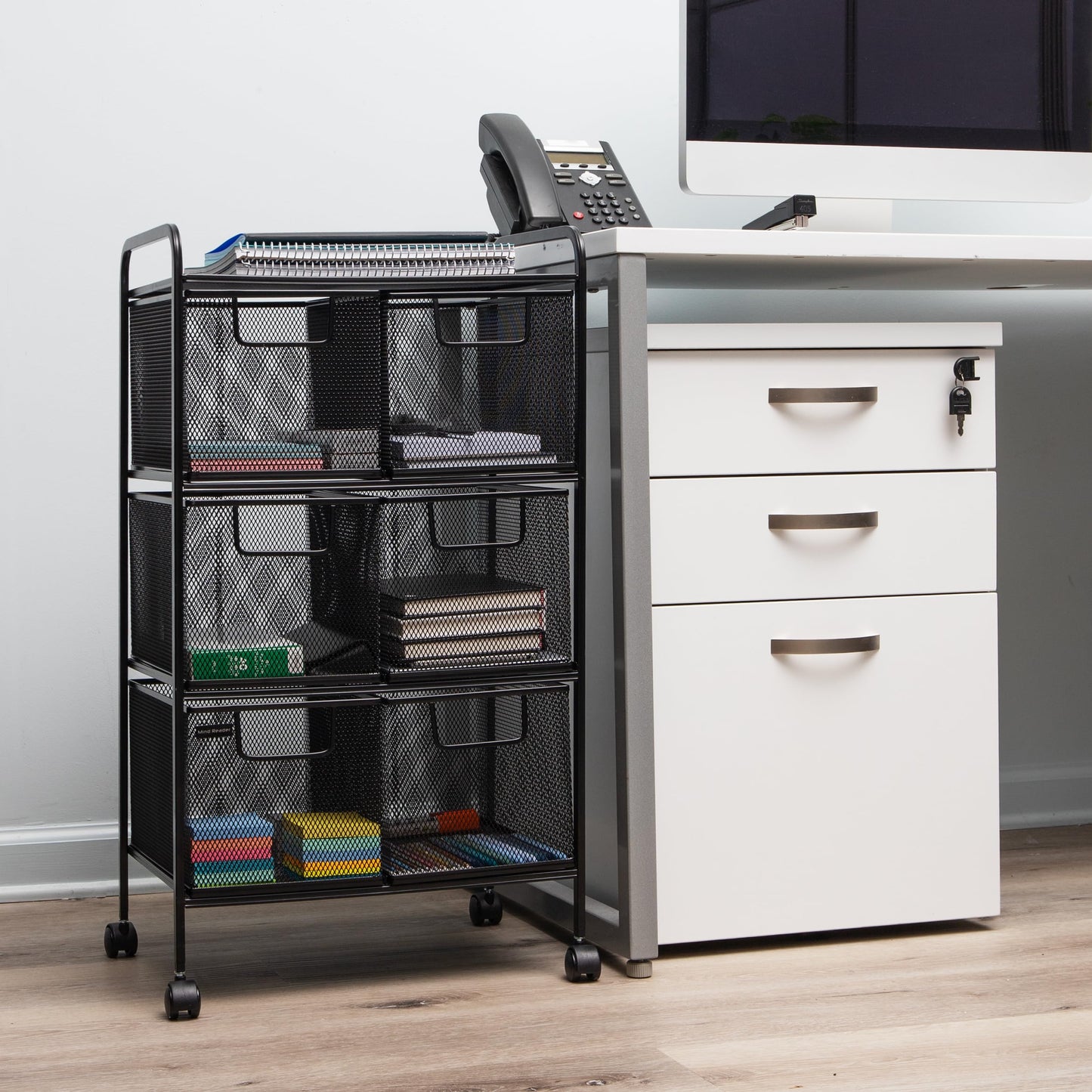 Mind Reader Multipurpose Rolling Cart with Drawers, Office Storage Organizer, Utility Cart, Metal Mesh, Black