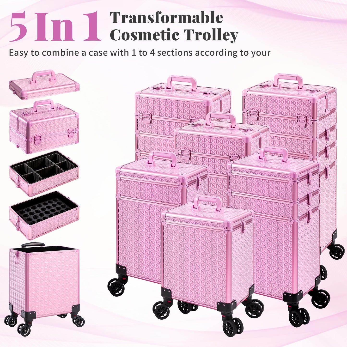 AROUS 5 in 1 Rolling Makeup Train Case Cosmetology Case on Wheels Large Cosmetic Organizer Travel Cart for Hairstylist Artist Nail Beauty Salon Barber,All Pink