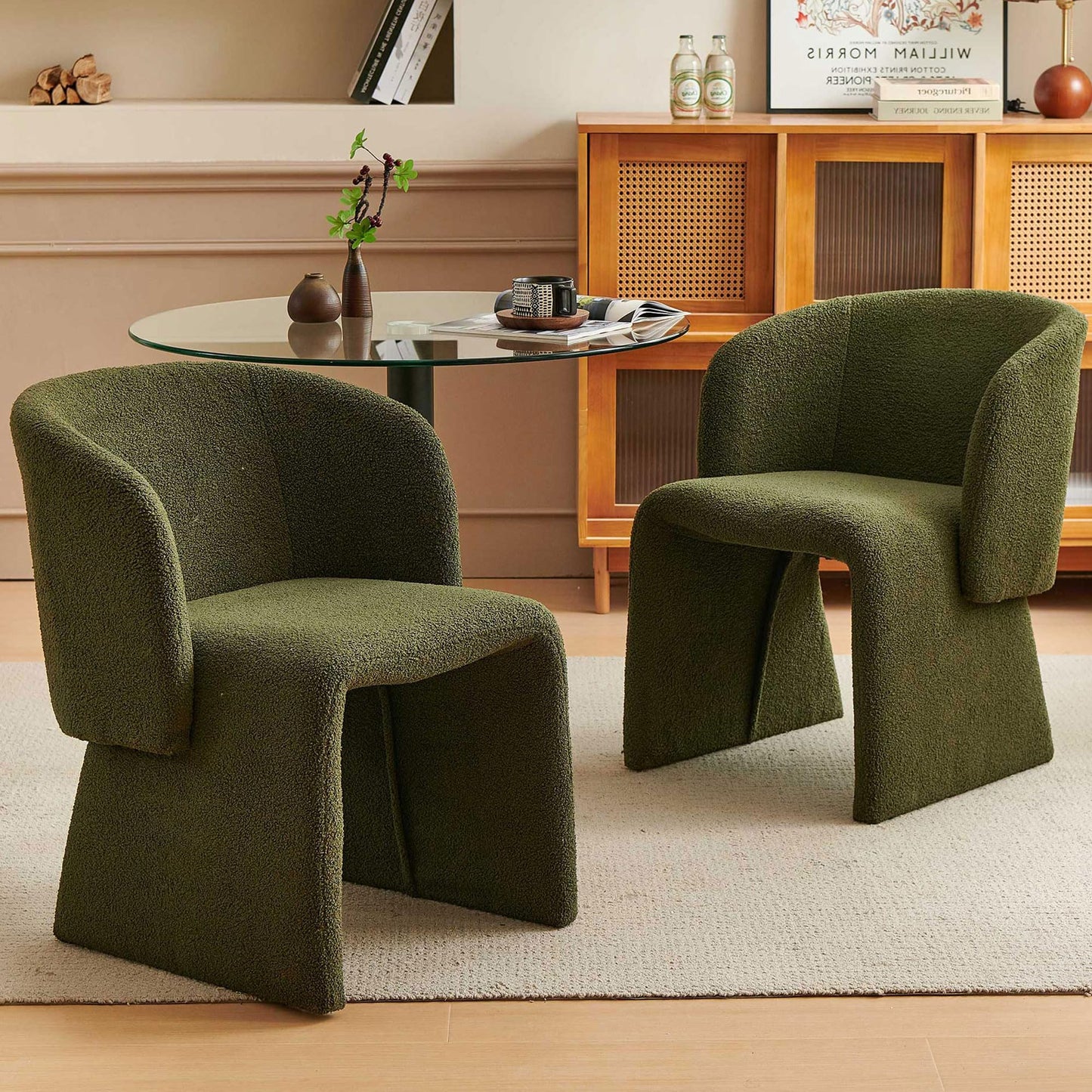 Homedot Green Dining Arm Chairs Set of 4, Upholstered Mid Century Modern Home Kitchen Chairs with Curved Backrest & Armrest, Teddy Velvet Accent Chairs for Dining Room, Bedroom, Dressing Room