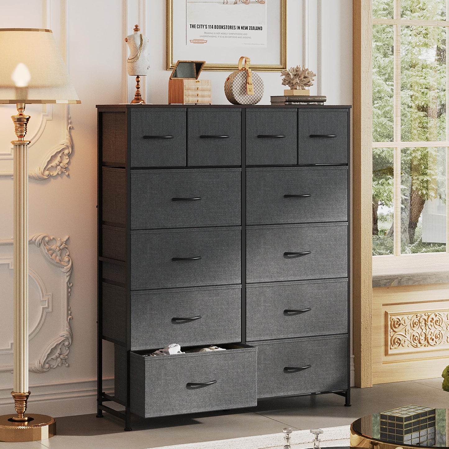 WLIVE Tall Dresser for Bedroom with 12 Drawers, Chests of Drawers, Fabric Dressers for Closet, Living Room, Storage Dresser Organizer with Wood Top, Steel Frame, Dark Grey