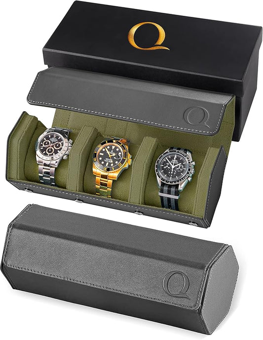 QWATCHBANDS Napa Leather Watch Rolls for Men - Hexagon Triple Watch Roll Travel Case for 3 Watches - Storage Organizer Genuine Leather with Velvet Interior Display (Gray/Green)