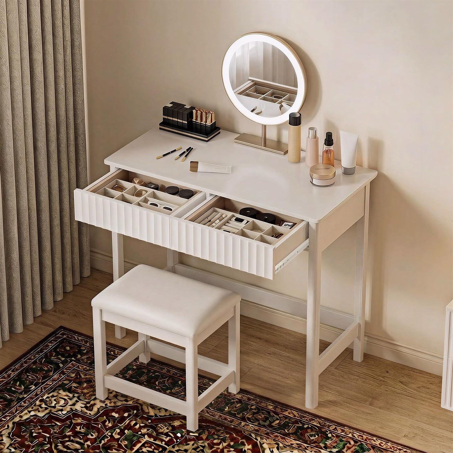 ChooChoo 40 Inch Modern Desk with Drawers, Makeup Vanity Desk with Padded Stool, Small Home Office Desk for Bedroom, White