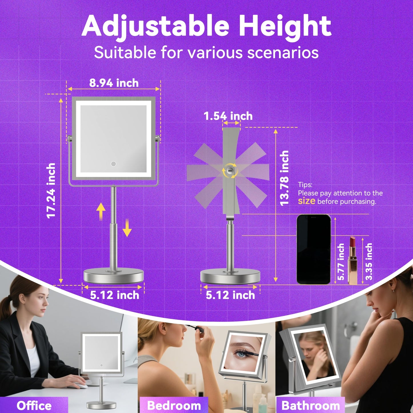 Basitool JIONIESIM Series 1X/10X Makeup Mirror with Lights, Double Sided Lighted Magnifying Mirror with 3 Colors, Height & Brightness Adjustable, Rechargeable 4000mAh Vanity Mirror (Brushed Nickel)