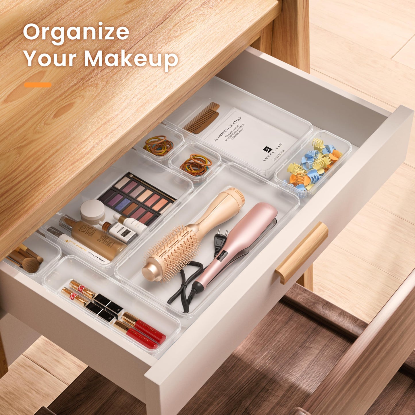 【Military Grade】A-LuGei Drawer Organizer, 【𝟱𝗦𝗶𝘇𝗲】 Makeup organizer, 【Holds 177 Items】 Bathroom Organizers and Storage, Organization and Storage, Desk Drawer Organizer for Vanity (Clear)