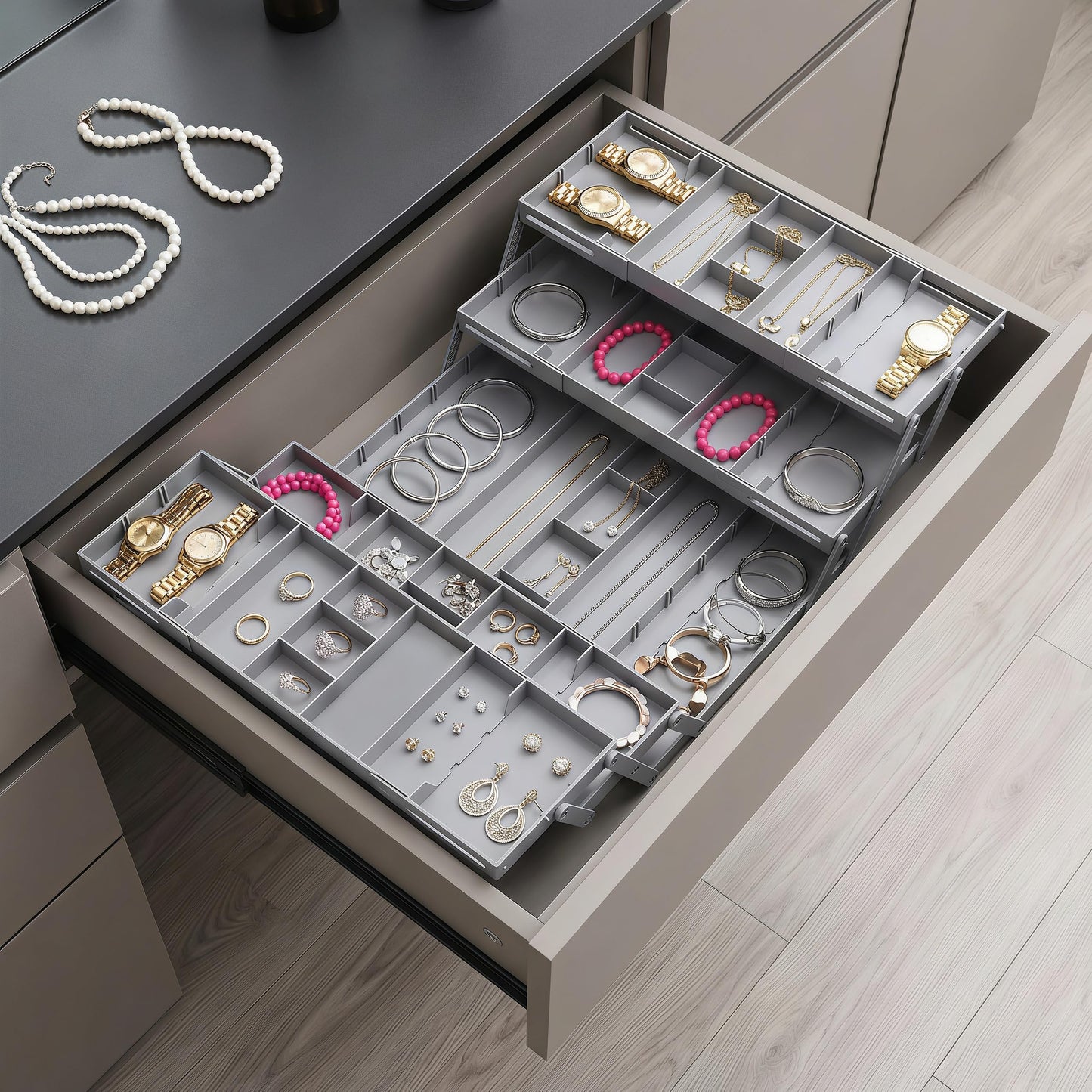 Miriam Song Expandable Multi Level Drawer Organizer – Smart Double Row Foldable Tray, Desk & Junk Drawer Storage for Jewelry, Cosmetic, Office Supplies, Kitchen Utensils & Craft Organizer (3 Tier)