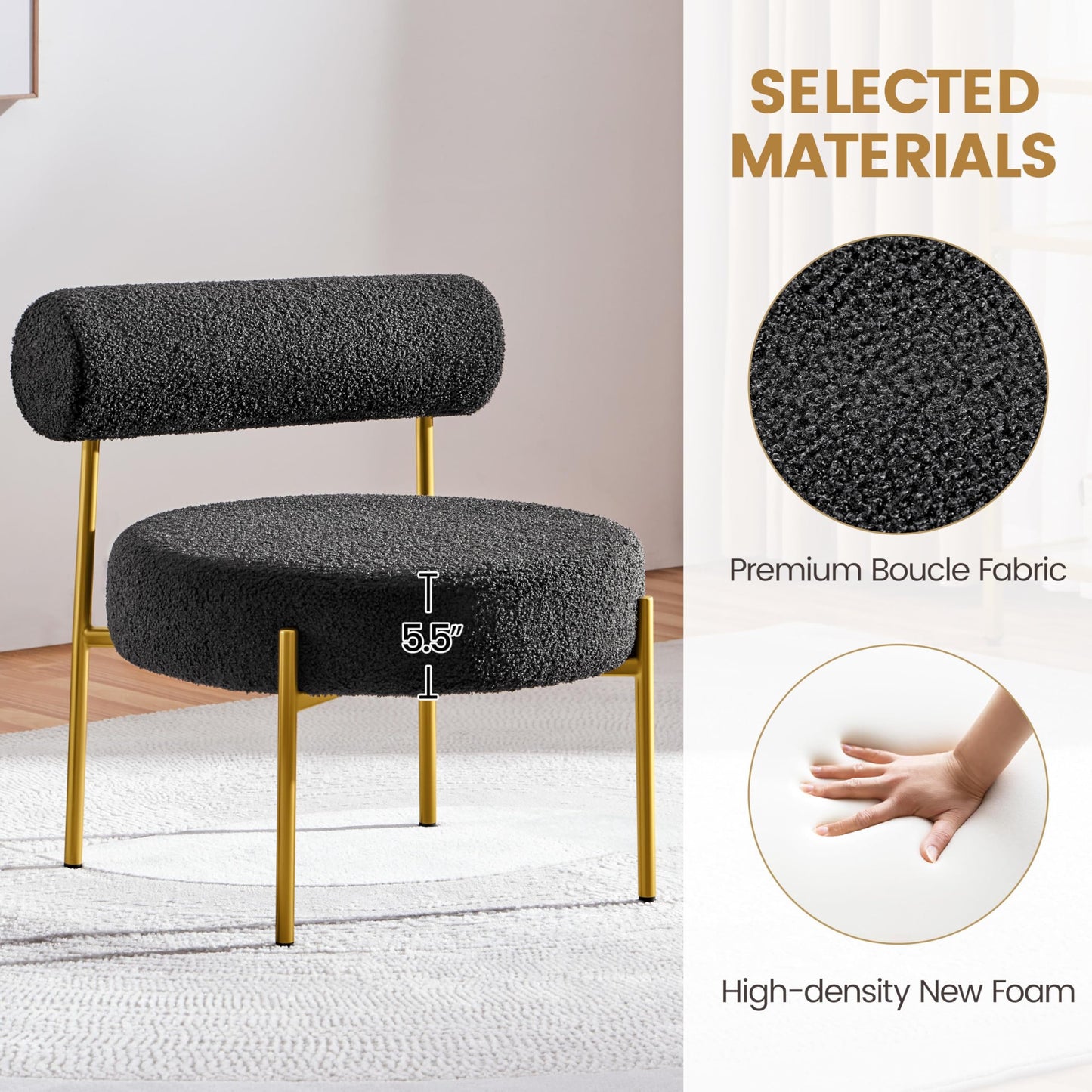 Topeakmart Modern Vanity Chair, Boucle Fabric Accent Chair with Gold Metal Legs for Living Room Makeup Room, Black