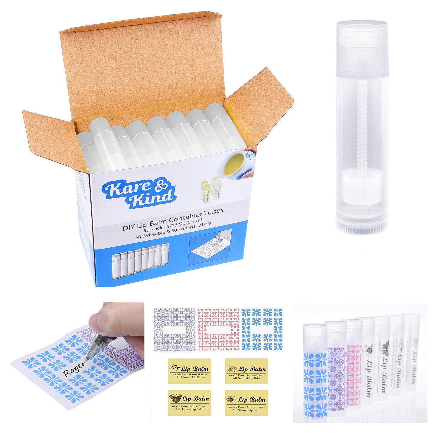 Kare & Kind Lip Balm Crafting Kit - 50x Empty Transparent Container Tubes (3/16 Oz (5.5 ml) With Twist Mechanism Cap - 50 Writeable and 50 Printed Stickers - DIY Kit