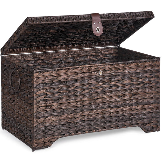 Honjourai Handwoven Storage Basket with Lid, 165L Plastic Rattan Storage Bin, Leather Buckle & Metal Frame, Large Metal Ring Handles, Storage Trunk for Bedroom, Laundry Room