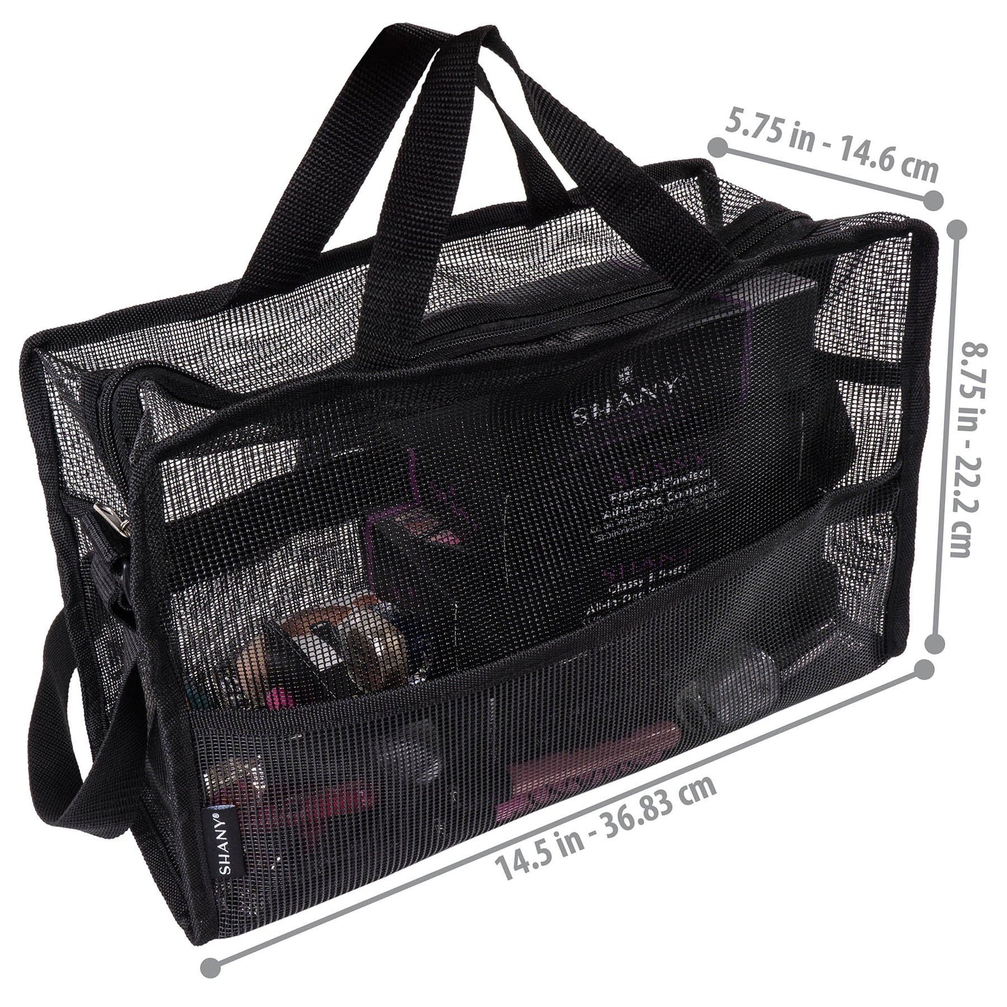 SHANY Collapsible Makeup Tools Travel Mesh Bag – Large See-Thru Travel Tote with Shoulder Straps – Water-Resistant with Zippered Pockets – Black
