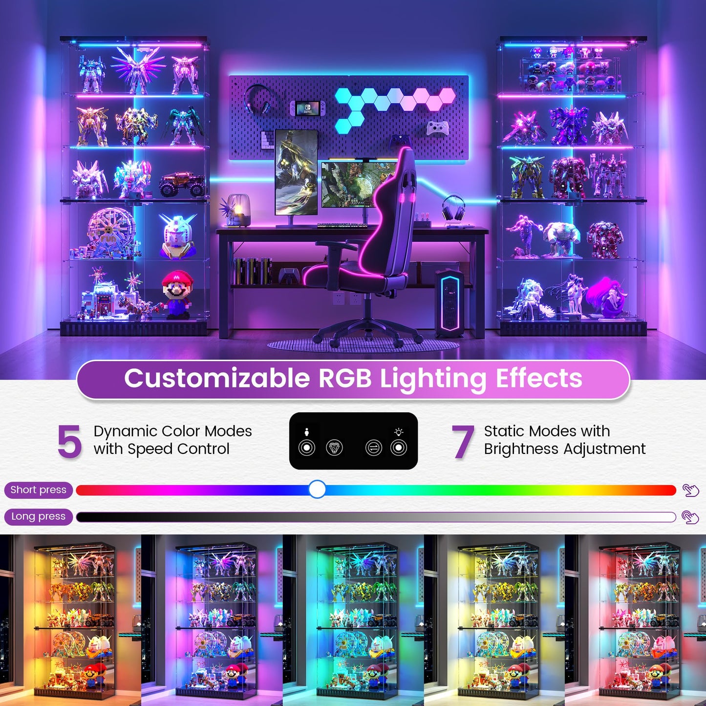 JDPAG 67" Glass Display Cabinet with RGB Lights for Collectibles, Dual Lockable 5-Tier Curio Cabinet with Glass Doors, Lighted Display Case with Motion Sensor for Action Figures/Models/Trophy, Black