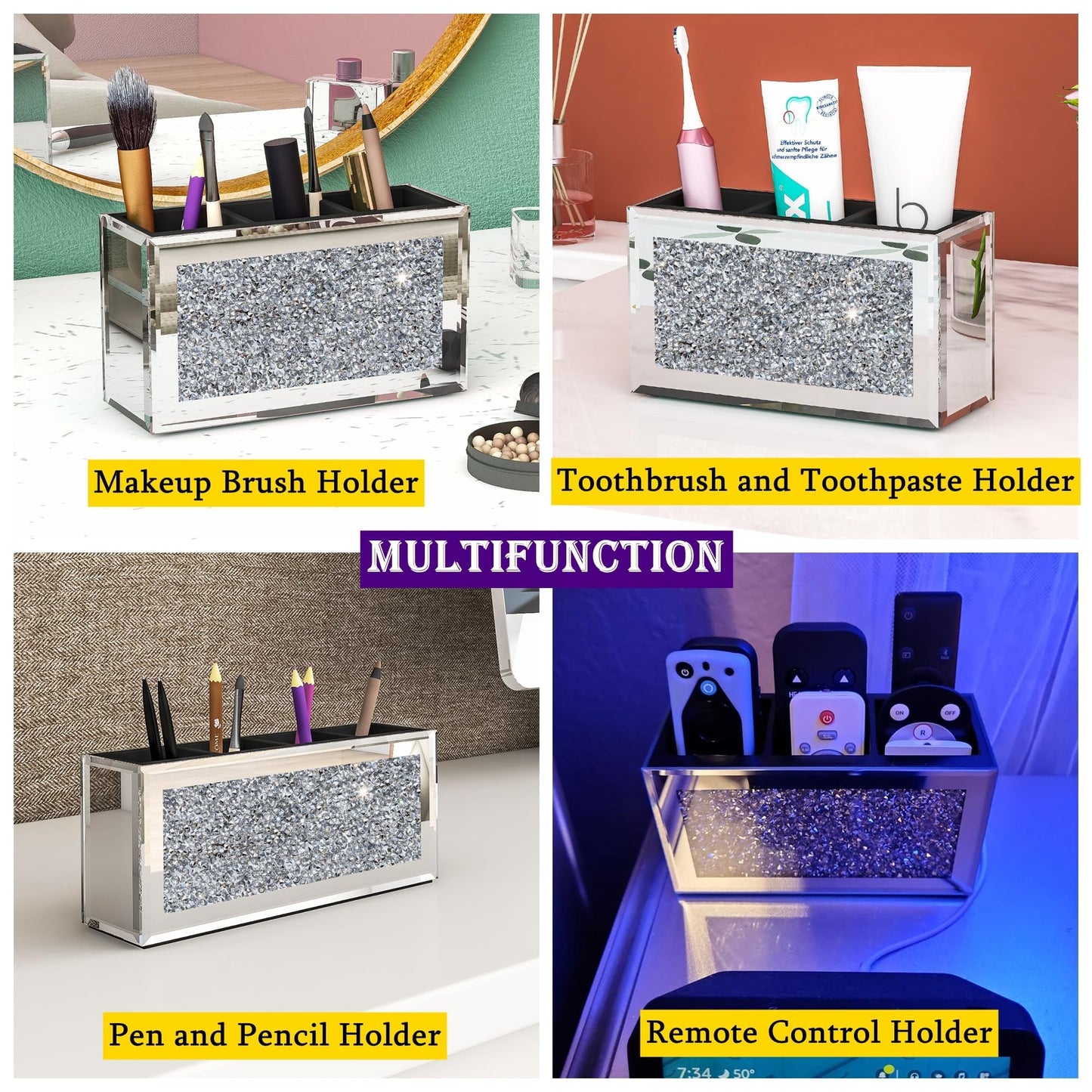 SHYFOY Mirrored Makeup Brush Holder Organizer, 3 Slot Glass Cosmetics Brushes Storage Holders with Crystal Crushed Diamond, Cute Pen and Pencil Holder for Desk, Eyeliners Display Case for Vanity