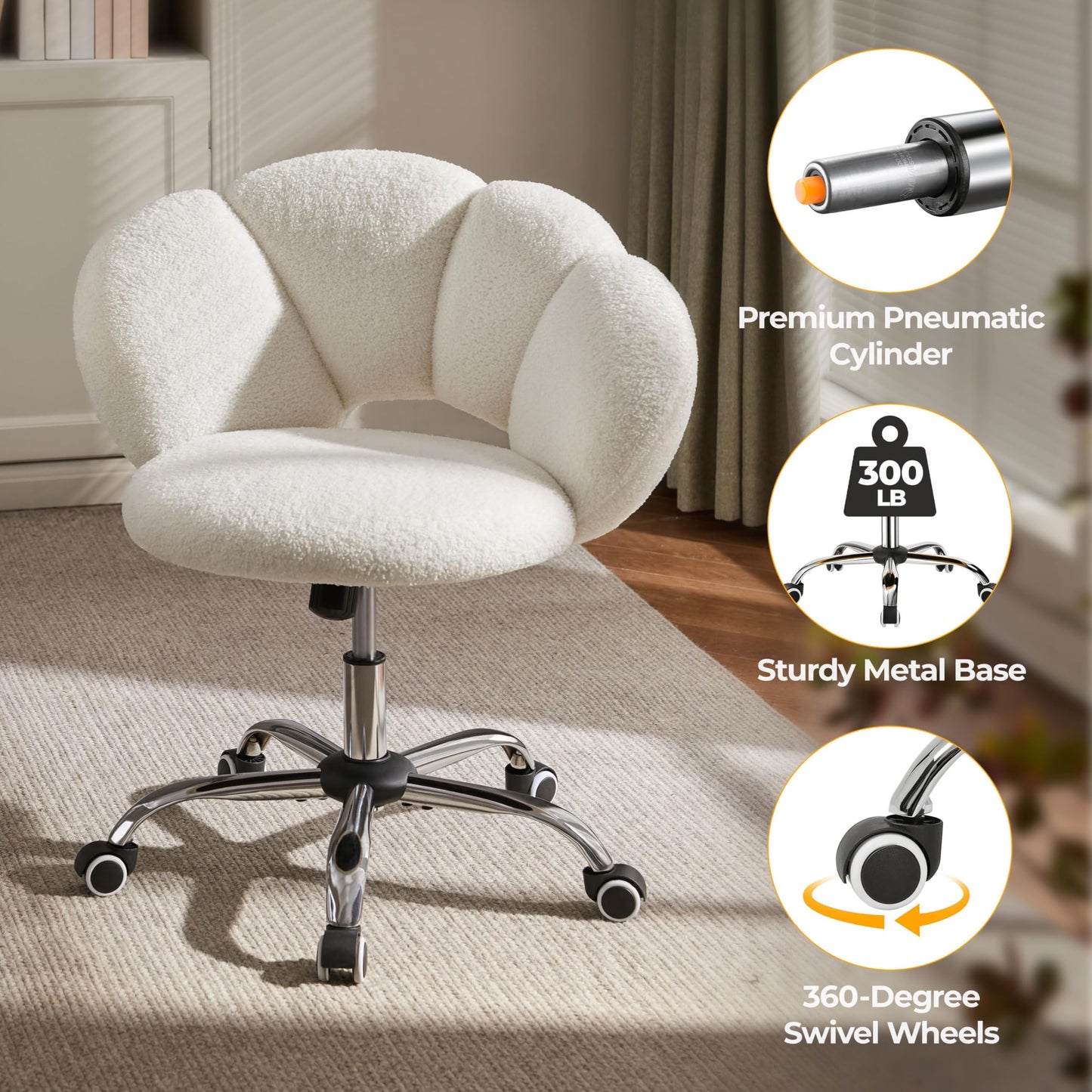 Yaheetech Boucle Upholstered Desk Chair Cloud-Shaped Vanity Chair Adjustable Home Office Computer with Rolling Wheels for Living Room, Bedroom White
