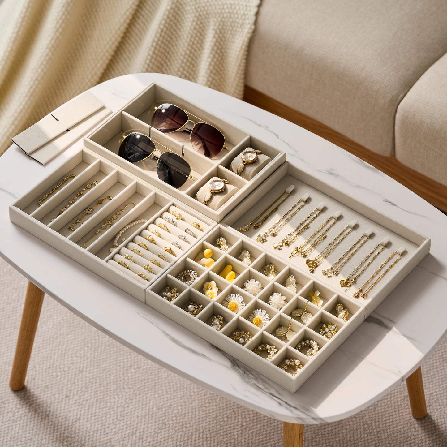 Velvet Jewelry Drawer Organizer Trays – Large Beige Stackable Jewelry Storage Inserts Set, 4-Layer Jewelry Tray Set for Earrings, Rings, Necklaces, Bracelets with Removable Dividers for Dresser,Vanity