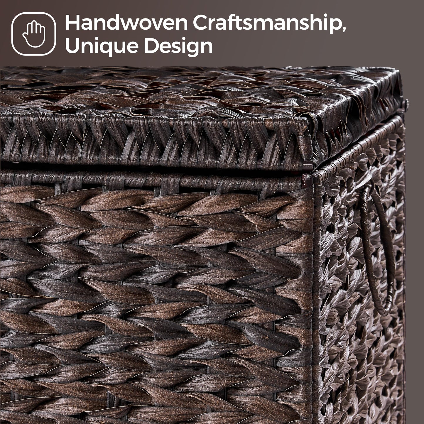 Honjourai Handwoven Storage Basket with Lid, 165L Plastic Rattan Storage Bin, Leather Buckle & Metal Frame, Large Metal Ring Handles, Storage Trunk for Bedroom, Laundry Room