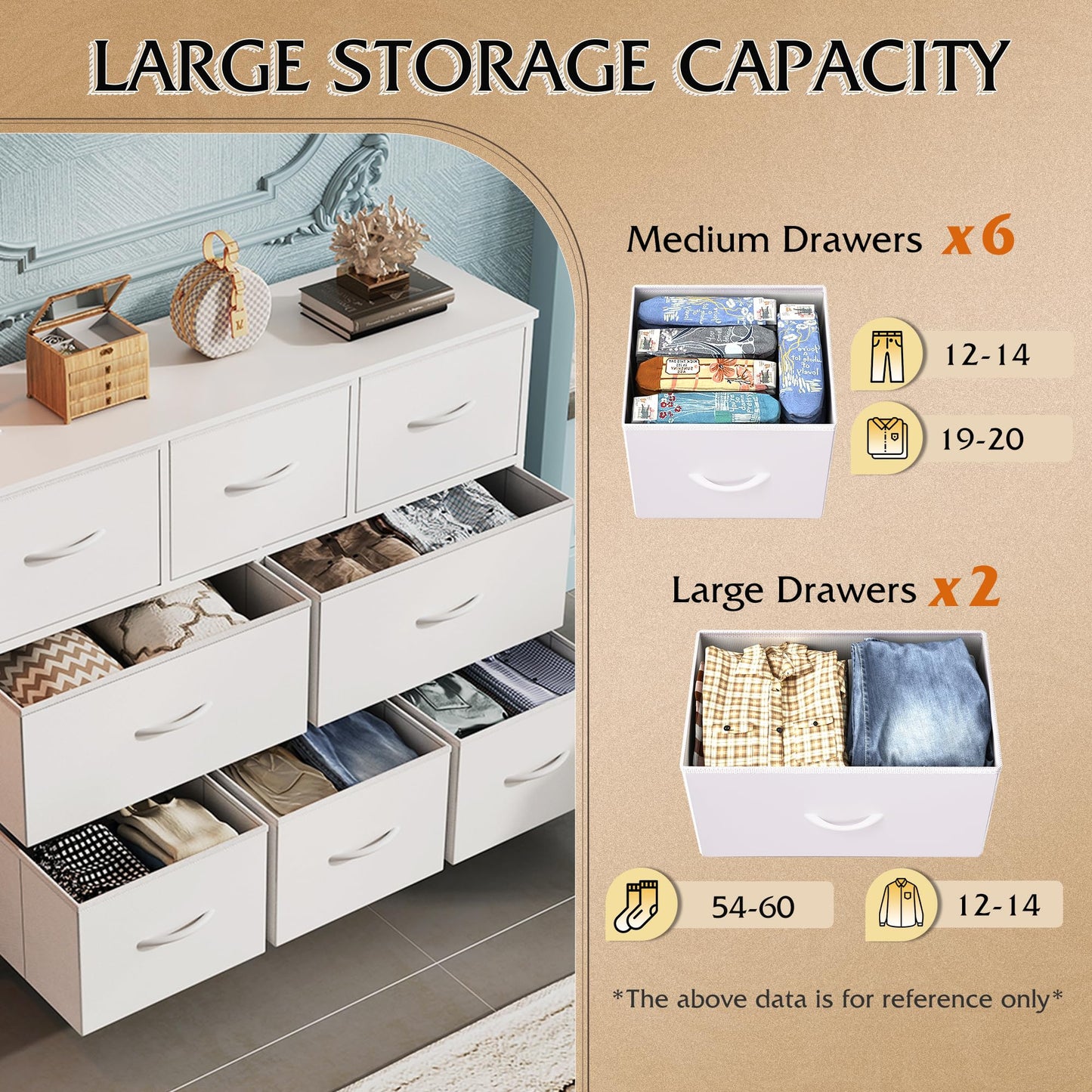 WLIVE 8 Drawer Dresser for Bedroom, Fabric White Dresser with Large Storage Drawer Unit for Entryway, Chest of Drawers for Living Room