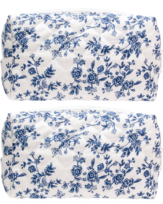 PAZIMIIK 2PCS SET Vintage Quilted Makeup Bag Cosmetic Pouch for Brushes Pencils and Travel Make Up Accessories for Women and Girls Jouy Blue