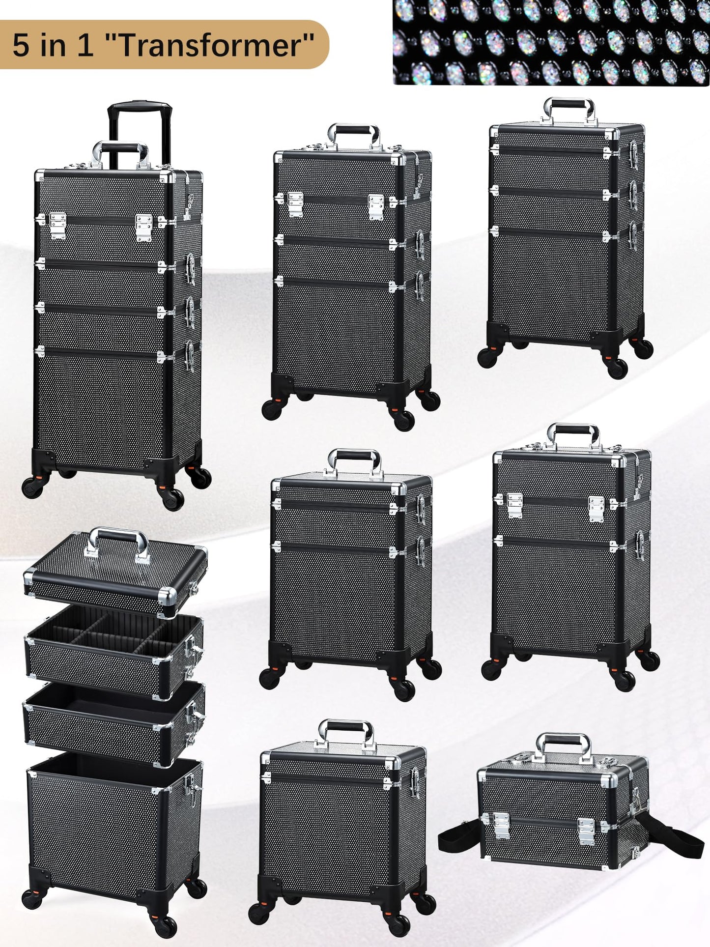Costravio 5 in 1 Rolling Makeup Case on Wheels Large Cosmetology Case Organizer Beauty Cosmetic Train Case Travel Nail Cart for Make-up Studio Hair Salon, Black Rhinestone