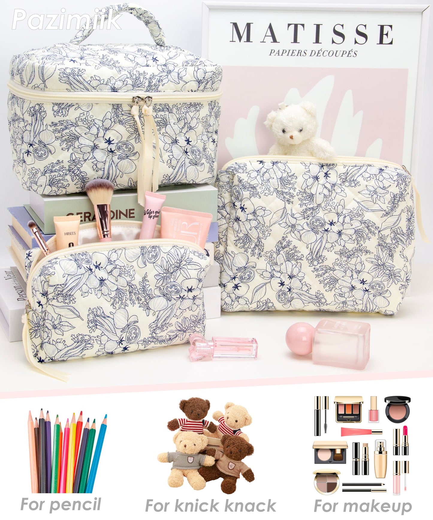 PAZIMIIK 3PCS Makeup Bag SET Large Travel Quilted Zipper Soft Cosmetic Case Pouch for Women Girls Make Up,Flower White
