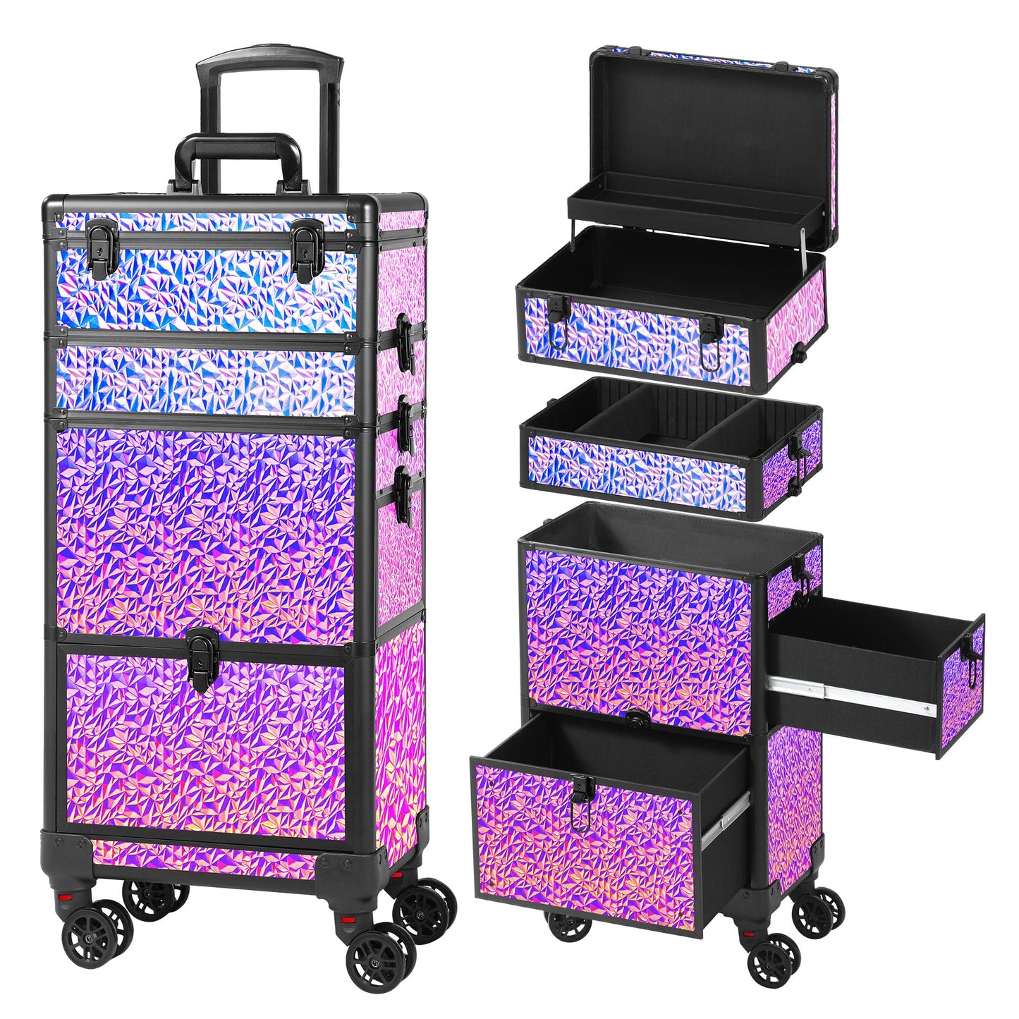 GALHUBIS Rolling Makeup Case with Large Drawer, Makeup Train Case with Tray, Cosmetology Case on Wheels, Travel Makeup Case Organizers, Professional for Salon Barber, Nail, Tattoo, Multicolor Purple