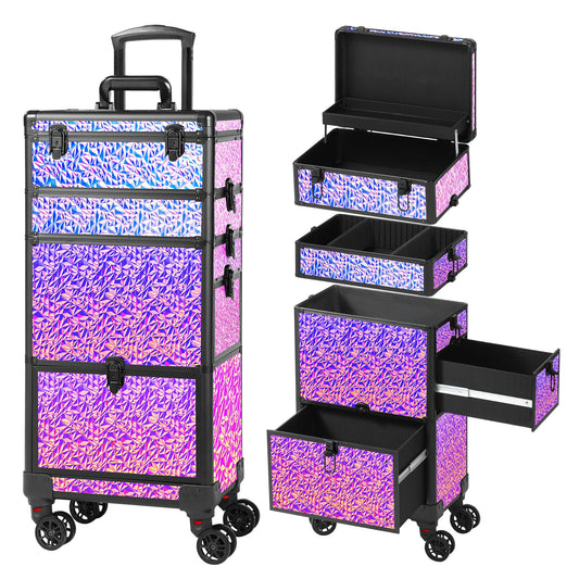 GALHUBIS Rolling Makeup Case with Large Drawer, Makeup Train Case with Tray, Cosmetology Case on Wheels, Travel Makeup Case Organizers, Professional for Salon Barber, Nail, Tattoo, Multicolor Purple