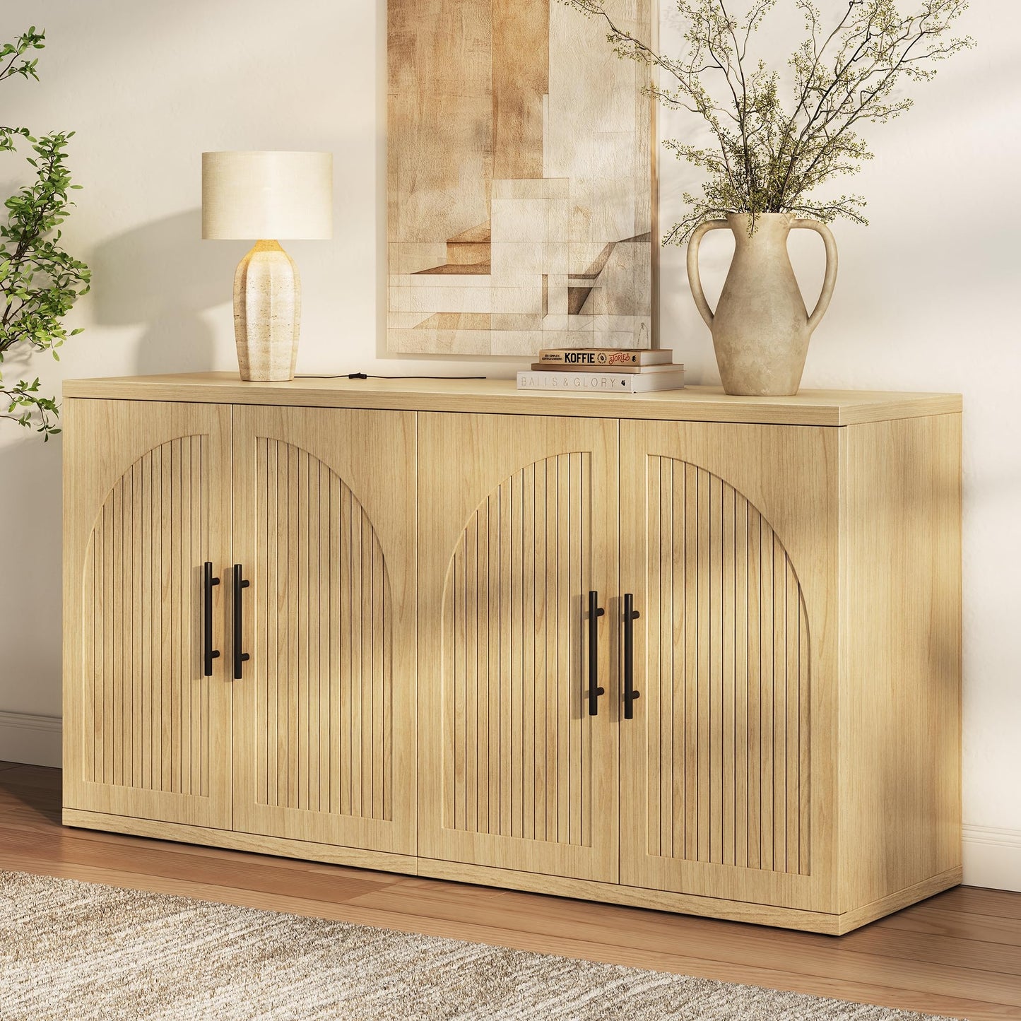 MapleGrace 63" Fluted Buffet Cabinet with Storage, Modern Symmetrical Arched Sideboard Credenza with Adjustable Shelf, Elegant Wood Console Table for Dining Room, Kitchen, Living Room(Oak)