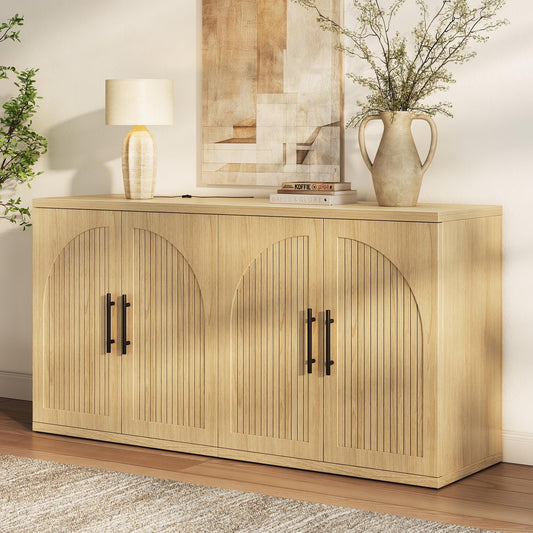 MapleGrace 63" Fluted Buffet Cabinet with Storage, Modern Symmetrical Arched Sideboard Credenza with Adjustable Shelf, Elegant Wood Console Table for Dining Room, Kitchen, Living Room(Oak)